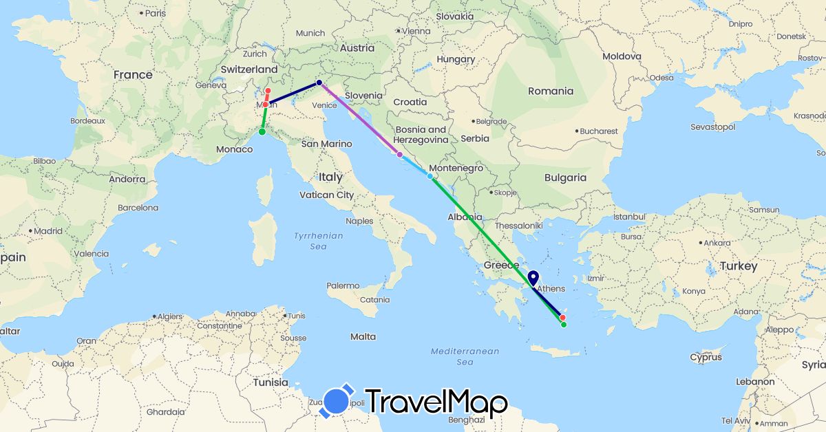 TravelMap itinerary: driving, bus, train, hiking, boat in Greece, Croatia, Italy (Europe)